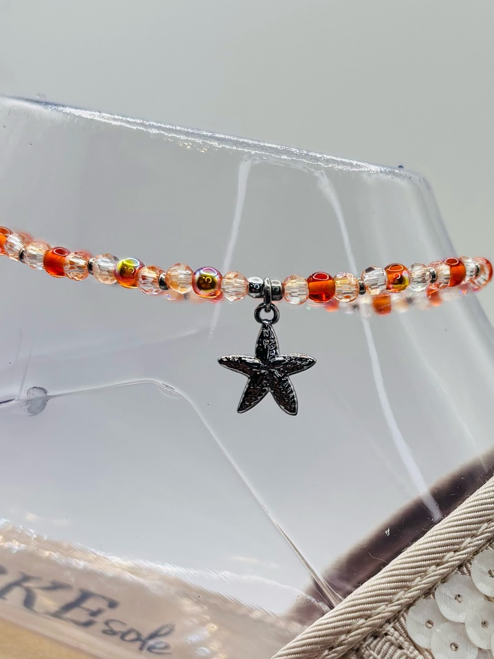 *ANKLET* S. Steel Starfish & AB Orange Crystal with Orange Glass Stretchy Anklet - Picture 4 of 6